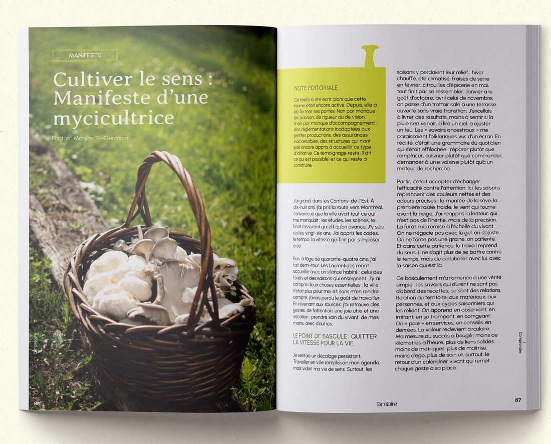 Une double page du numéro 01 de magazine Territoire : « Cultiver le sens », manifeste d'une myciculture.
